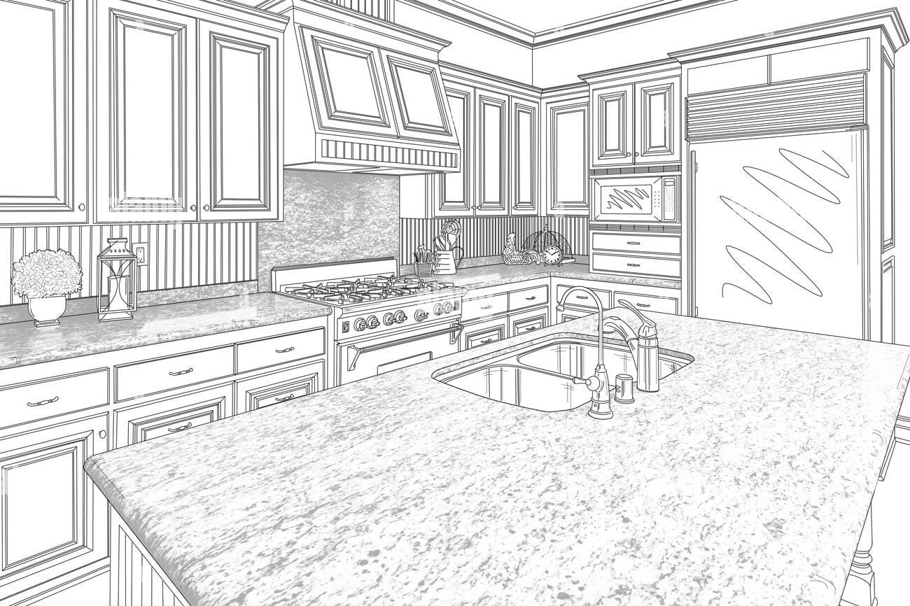 beautiful custom kitchen design drawing in black on white 