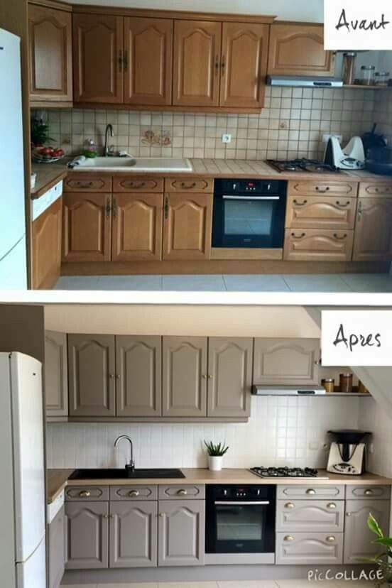 before and after kitchen resurfacing in light tan